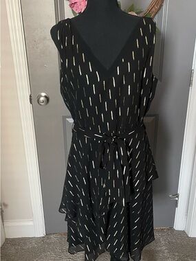 White House Black Market Black Midi Dress with Gold Accent Print, Size 12